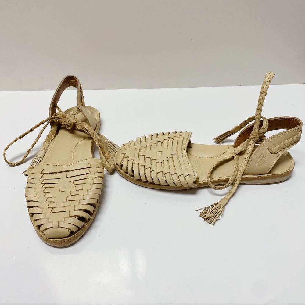 ESPIRITU Huarache Cream Tan Woven Leather Lace Up Flat Sandals Espadrilles 40 9